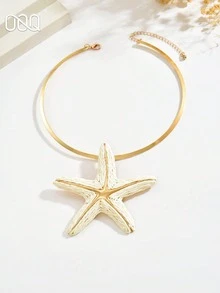 OOQ 1pc Exaggerated Handwoven Starfish Pendant Necklace, Gold Metal Women's Fashion Necklace, Suitable For Beach, Party, Daily Wear (Handmade Raffia Weaving, Random Shape) - White - View 7