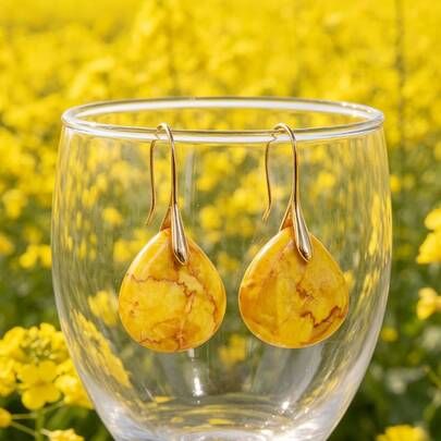 A Pair Of Teardrop-Shaped Natural Yellow Jade Earrings, Featuring Unique Textures And An Exotic Flair, Elegant Temperament, Daily Accessories