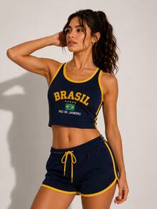 Regata Cropped Feminina Brasil Bordada Y2K Rio de Janeiro - Azul Escuro - Visão 5