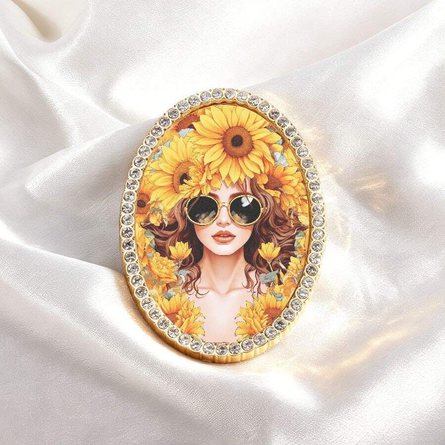 1 pieza Imán de nevera de metal, imán de decoración vintage ovalado con patrón de belleza de girasol, imán de nevera con adornos de strass hecho a mano, regalo perfecto, ¡decoración del hogar! - Unitalla - Ver 1