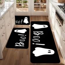 1 pieza Alfombra rectangular con fondo negro y letra fantasma blanca Boo, estilo minimalista, Halloween, felpudo, alfombra pequeña, felpudo de bienvenida, felpudo exterior, alfombra de cocina, felpudo de puerta principal, alfombra de área pequeña, alfombra de jardín - Multicolor - Ver 3