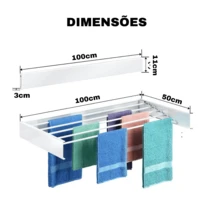 Varal de Parede Mágico Retrátil Branco 60/70/80/90/100/120cm Embutir Dobrável Grande Ajustável - Visão 9