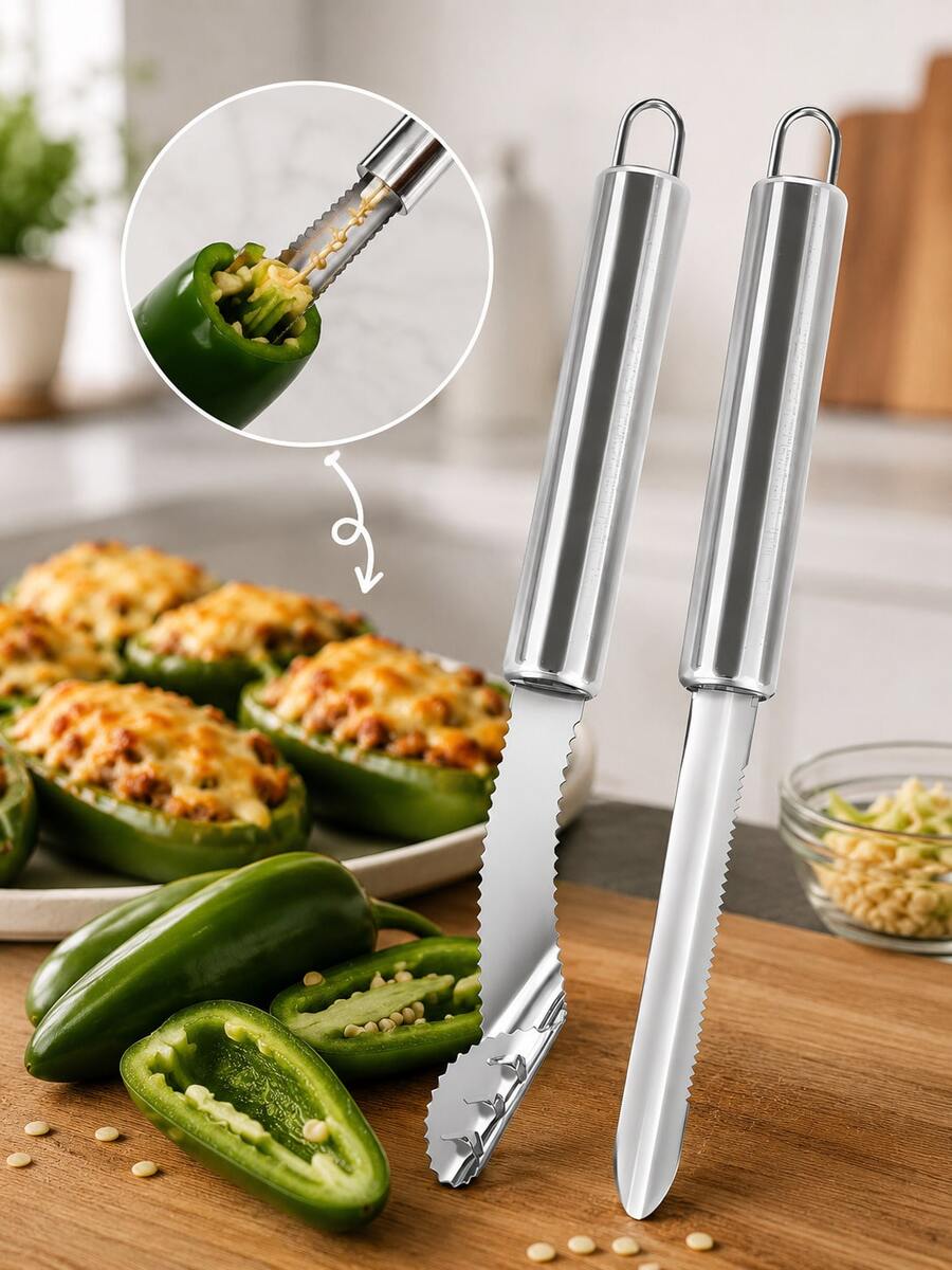 1/2pcs Mexican Chili/Zucchini/Cucumber Corer, With Serrated Slicing Function And Rubber Handle, Can Remove Seeds Or Cut Off Vegetable Tops, For Kitchen Use