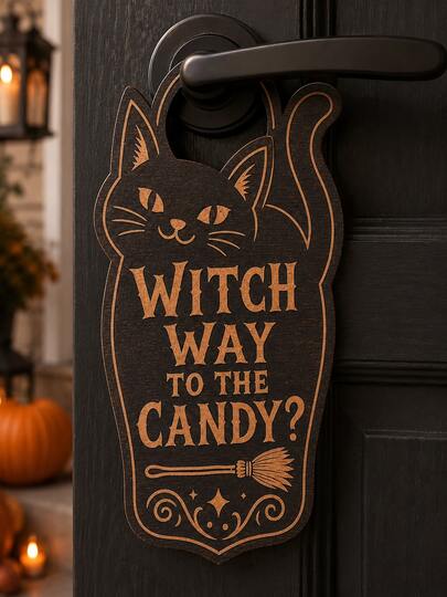 1pc Halloween Candy Basket "Treats Only, No Tricks" Wooden Door Handle Hanging Sign, Vintage Candy Lollipop Bow Door Decor, Suitable For Candy Distribution, Front Door Welcome And Halloween Party Decoration