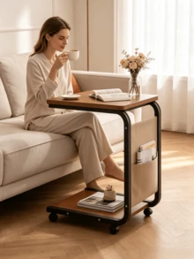1pc 2-Tier Rolling Side Table With Magazine Storage Pocket, Mobile C Shaped Sofa End Table With Wheels, Wooden Top Snack Bedside Side Table For Living Room Bedroom Small Space - Multiple Specifications - View 3