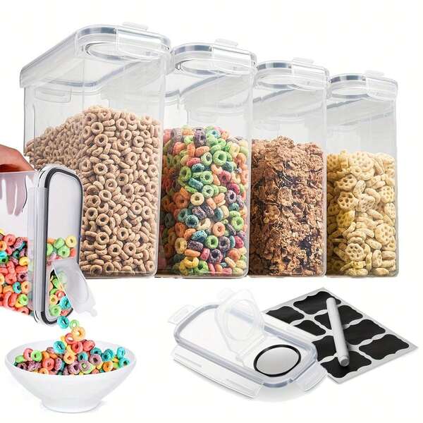 Airtight Food Storage Containers With Lids,4 Pcs Plastic Kitchen And Pantry Organization Canisters For Cereal, Dry Food, Flour And Sugar, Includes 8 Labels,Black.