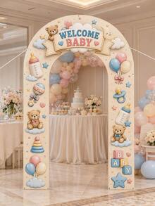 1 Set Welcome Baby Arch Door Banner Decoration, Teddy Bear Balloon Baby Bottle Print Photo Backdrop, Baby Shower Party Room Decor Supplies - C - View 3