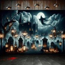 1pc Halloween Happy Background Banner, Graveyard Ghost Castle, Carnival Festival Celebration Event Party Decoration, Outdoor Entrance Room, Halloween Living Room Tapestry, Garden, Terrace Atmosphere - A - View 6
