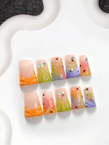 10件裝夢幻少女風手工穿戴甲，Polygel美甲套組，月亮元素，紫色與橘色指甲油，溫柔花卉風格，附美甲工具，3種尺寸可選，杏仁形、鴨嘴形、棺材形，適合派對、跳舞、日常穿著 - 彩色 - 查看 20
