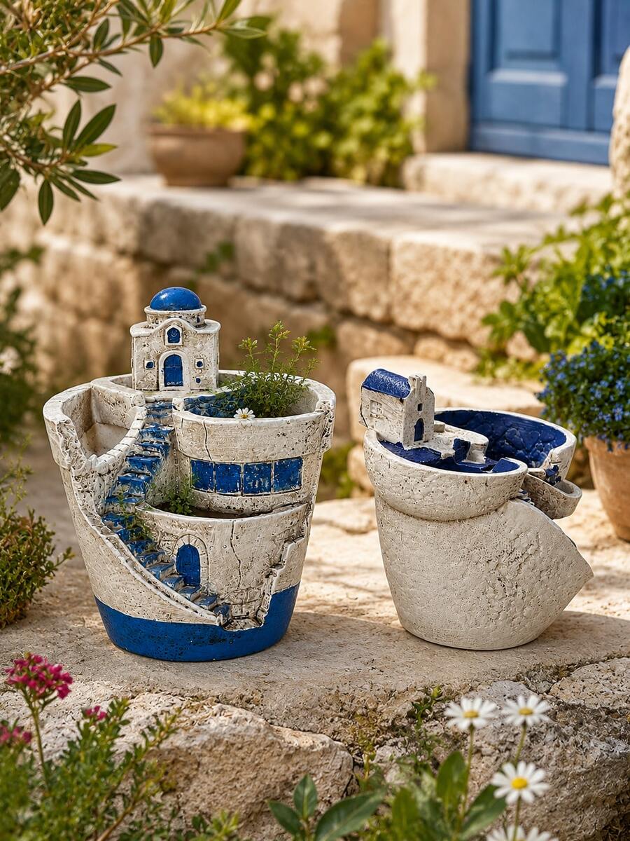Santorini Blue Dome Cottage Micro Landscape Planter, Mediterranean Multi-Layer Stepped Simulated Town Succulent & Moss Terrarium Pot - A - View 1