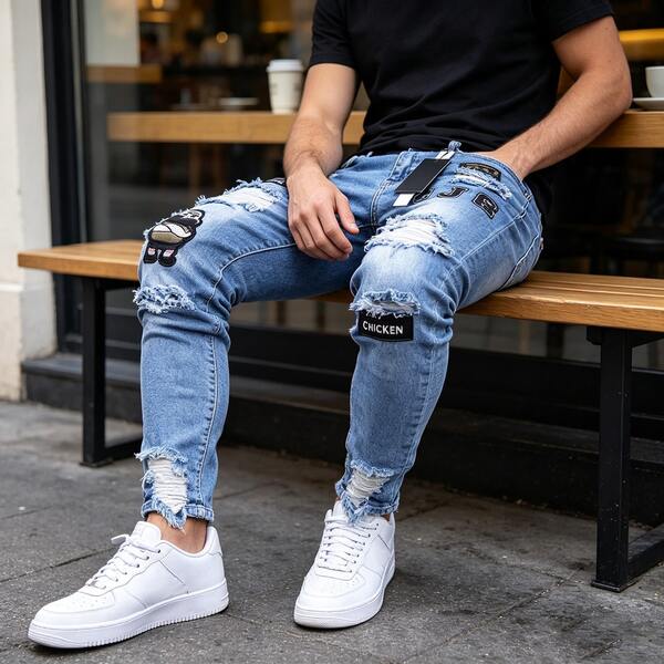 Blugi scurți slim fit vintage cu aspect uzat pentru bărbați, stil hip hop Y2K street style, cu patchwork cu litere și desene animate, pantalon din denim cu tiv brut, urban youth, cu croială slim și picior îngust