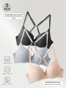 3pcs Soft Jacquard Mesh Lace Bras, Multi-Hook Strong Support Natural Lift Minimalist Elegant Lingerie Set - Multicolor - View 1
