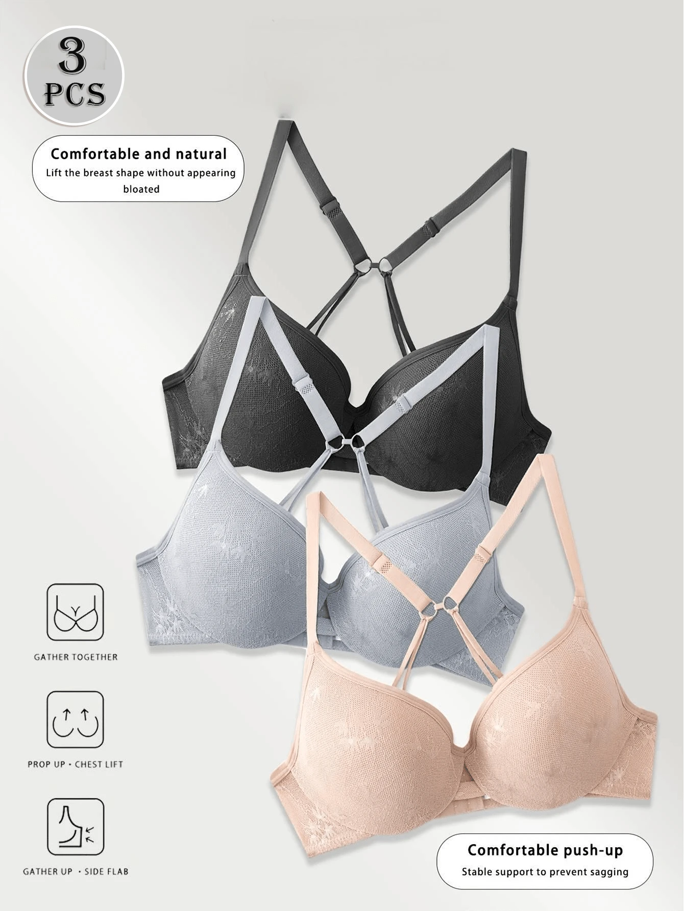 3pcs Soft Jacquard Mesh Lace Bras, Multi-Hook Strong Support Natural Lift Minimalist Elegant Lingerie Set - Multicolor - View 1