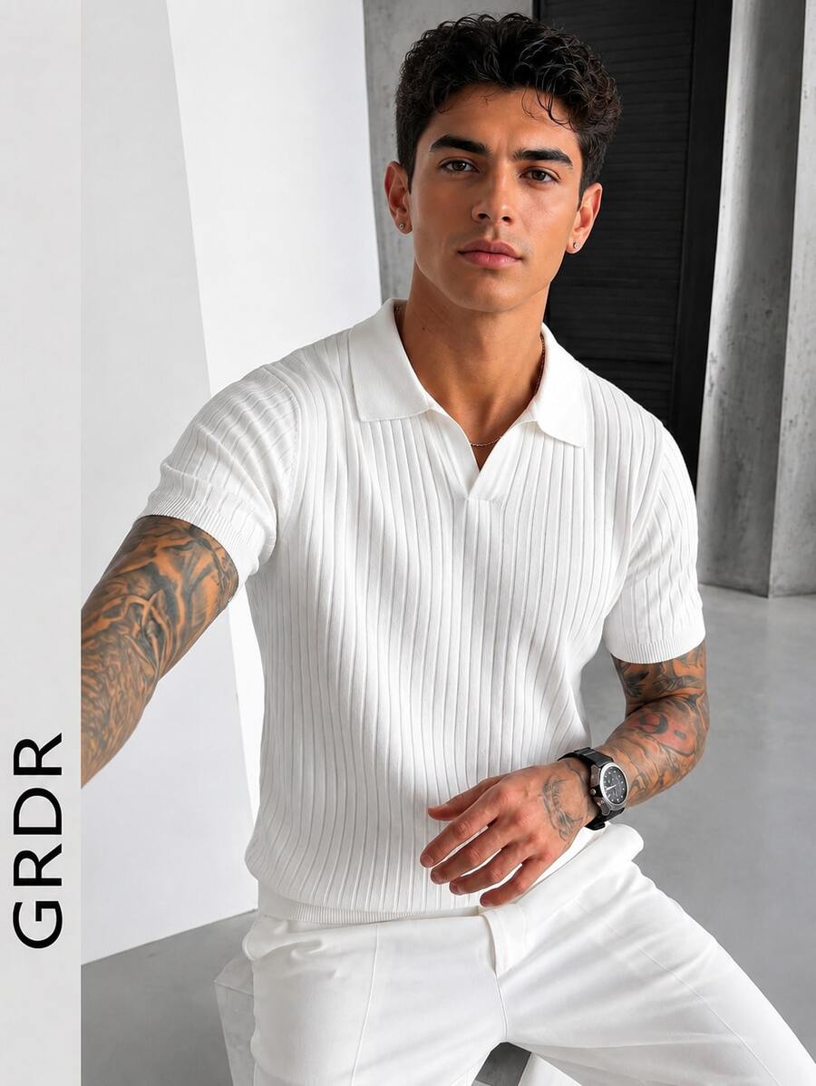 GRDR Men's Summer Knit Sweater, Fashionable Ribbed Solid Color Short Sleeve, Suitable For Casual & Sports