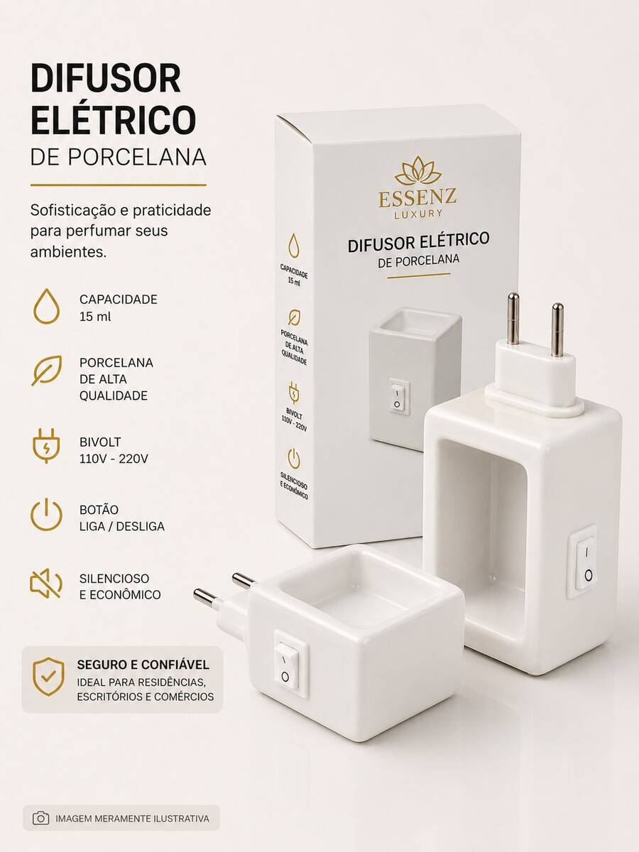 Difusor Elétrico de Porcelana Bivolt 220\110v, Difusor de Tomada 15ml, Botão Liga\Desliga, Plug Giratório, Material: Porcelana Branco - BRANCO - Visão 1