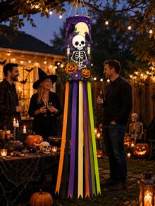 1pc Halloween Hanging Windsock, Skeleton Skull Crow Raven Pumpkin Moon Print Streamer Wind Spinner, Scary Haunted House Garden Decor Outdoor, Porch Yard Party Decoration - C - View 7