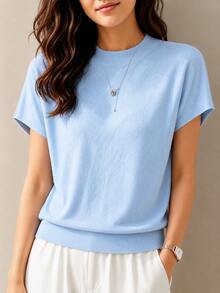 Finely-Spun New Loose Short Sleeve T-Shirt, Women Sleeveless Knitted Sweater, Solid Color Undershirt Summer - Light Blue - View 5