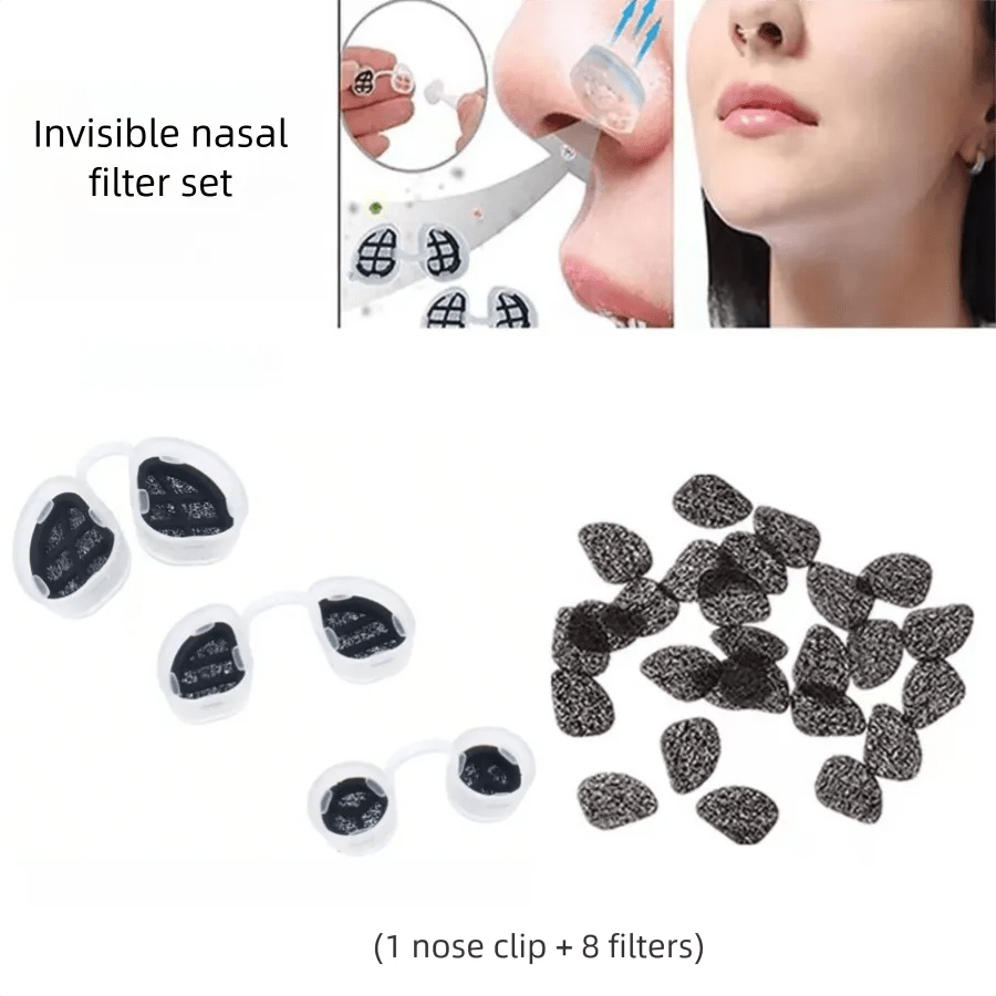Nasal Filtration Set (1 Nose Clip + 8 Filter Pads), Replaceable Filter Pads Invisible Nose Mask; Suitable For Outdoor And Indoor Use, Effectively Filters Dust, Pollen, Smog, Exhaust Gas, Comfortable To Wear Without Affecting Breathing, Applicable To Multiple Scenarios To Protect Your Health Anytime And Anywhere