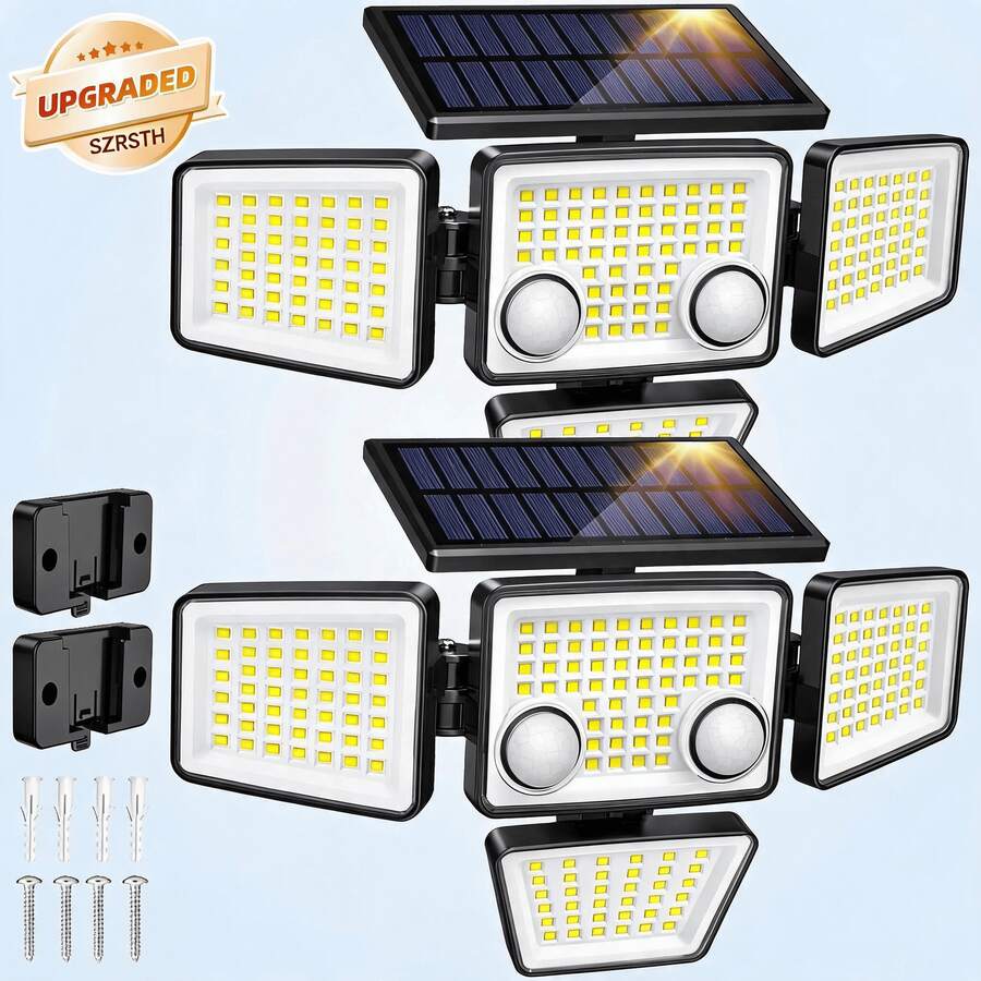 SZRSTH 1/2/3/4 Pack 4 Head Solar Outdoor Lights, 3000LM Motion Sensor Wall Lights With Wide Angle Lighting, IP65 Waterproof Solar Powered Lights For Patio, Yard, Garden, Garage, Porch & Summer Decoration - 白色 - 查看 1