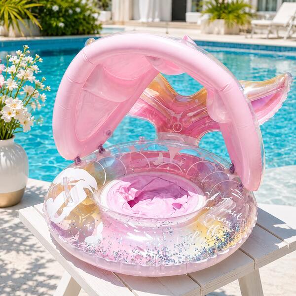 Baby Pool Float With Canopy Sun Protection, Infant Pool Float, Baby Swimming Ring With Toddler Seat & Double Handle, Inflatable Kids Pool Floats For Pool Beach Party Toys Fun Game