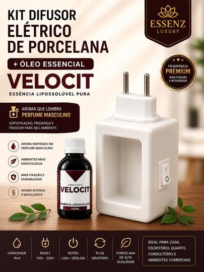 Kit Difusor Elétrico Bivolt Porcelana + Óleo Essencial Velocit 100ml, Essência Lipossolúvel Pura | Aparelho com Plug Rotacionar, 15ml Capacidade - Essência para Homens