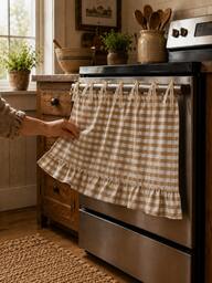 1pc Khaki & White Plaid Oven Curtain, 100% Polyester Yarn Dyed Fabric With Lace Tie Top And Ruffle Hem, Short Kitchen Tier Curtain, Oil-Resistant Decorative Cover, Suitable For Stove, Oven, Open Cabinet And Small Window, Farmhouse Home Decor (Rod Not Included)