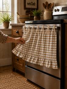 1pc Khaki & White Plaid Oven Curtain, 100% Polyester Yarn Dyed Fabric With Lace Tie Top And Ruffle Hem, Short Kitchen Tier Curtain, Oil-Resistant Decorative Cover, Suitable For Stove, Oven, Open Cabinet And Small Window, Farmhouse Home Decor (Rod Not Included) - Khaki - View 1