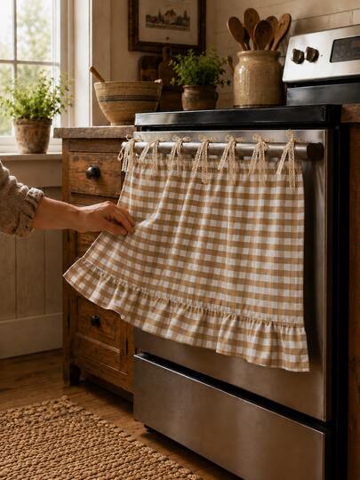 1pc Khaki & White Plaid Oven Curtain, 100% Polyester Yarn Dyed Fabric With Lace Tie Top And Ruffle Hem, Short Kitchen Tier Curtain, Oil-Resistant Decorative Cover, Suitable For Stove, Oven, Open Cabinet And Small Window, Farmhouse Home Decor (Rod Not Included)