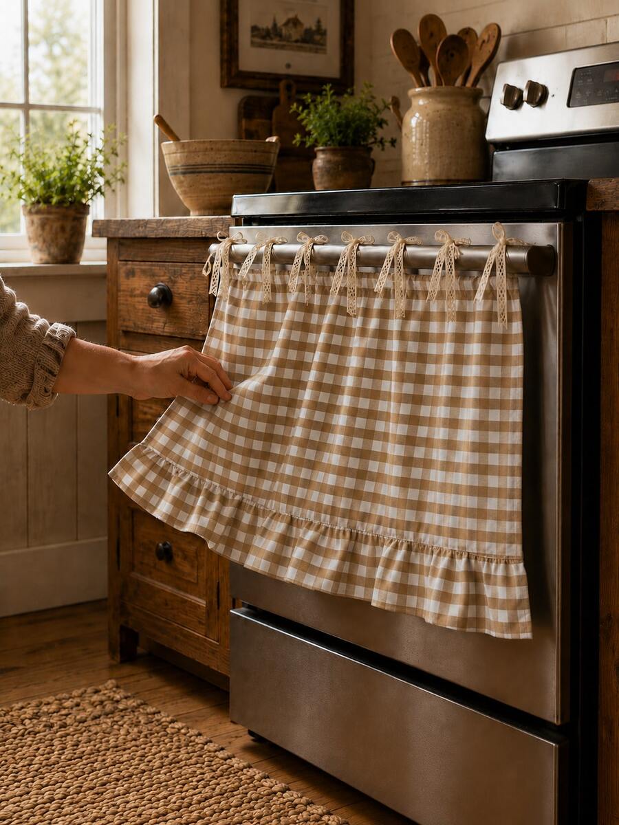 1pc Khaki & White Plaid Oven Curtain, 100% Polyester Yarn Dyed Fabric With Lace Tie Top And Ruffle Hem, Short Kitchen Tier Curtain, Oil-Resistant Decorative Cover, Suitable For Stove, Oven, Open Cabinet And Small Window, Farmhouse Home Decor (Rod Not Included) - Khaki - View 1