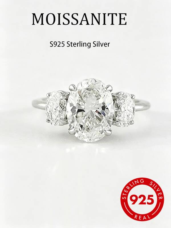 1 pieza Anillo de compromiso de moissanita de 3 quilates con corte ovalado de tres piedras, anillo de compromiso de plata de ley S925 chapado en oro, joyería nupcial clásica de tres piedras exquisita, regalo de aniversario y cumpleaños para mujeres