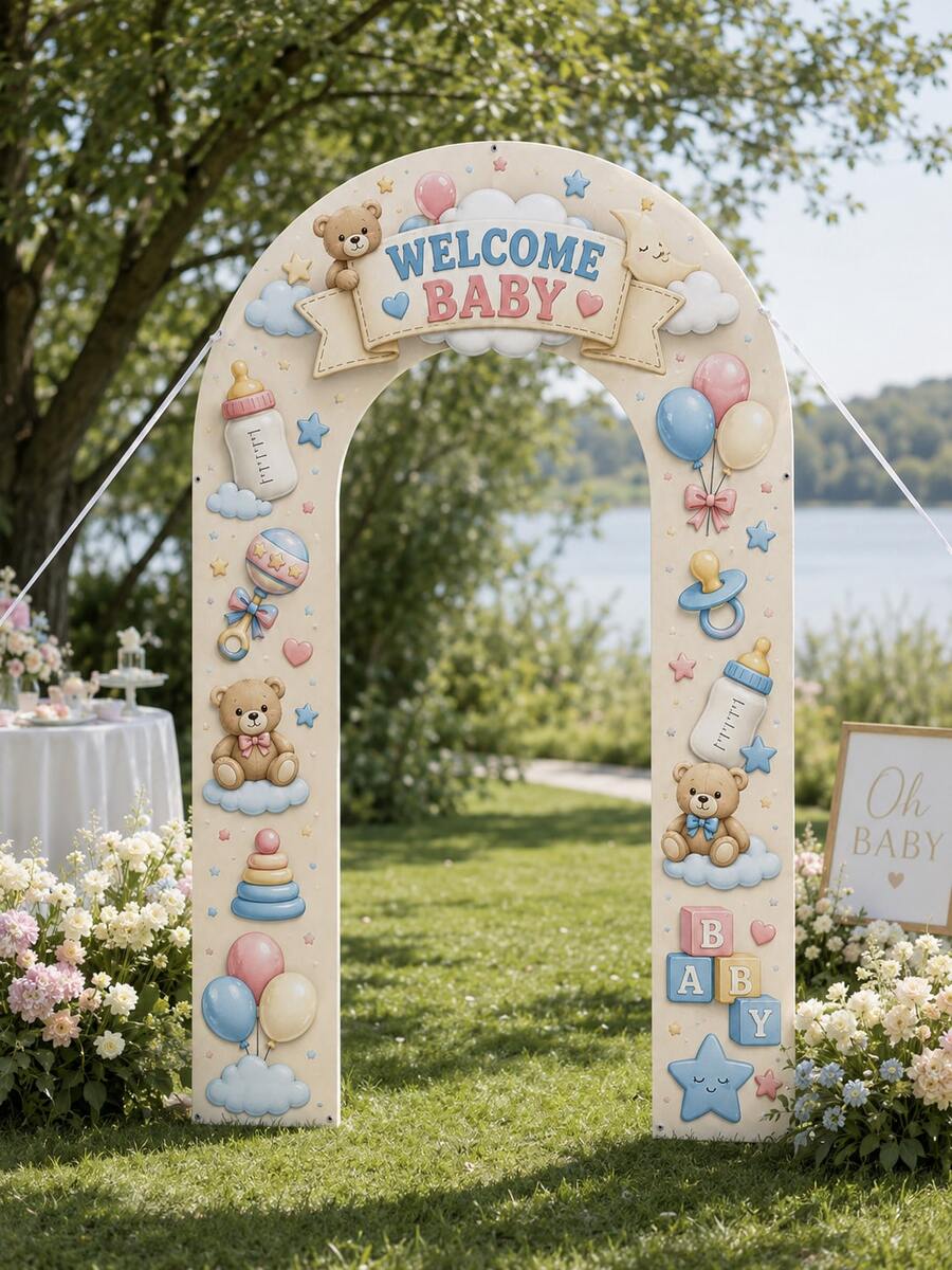 1 Set Welcome Baby Arch Door Banner Decoration, Teddy Bear Balloon Baby Bottle Print Photo Backdrop, Baby Shower Party Room Decor Supplies - C - View 1