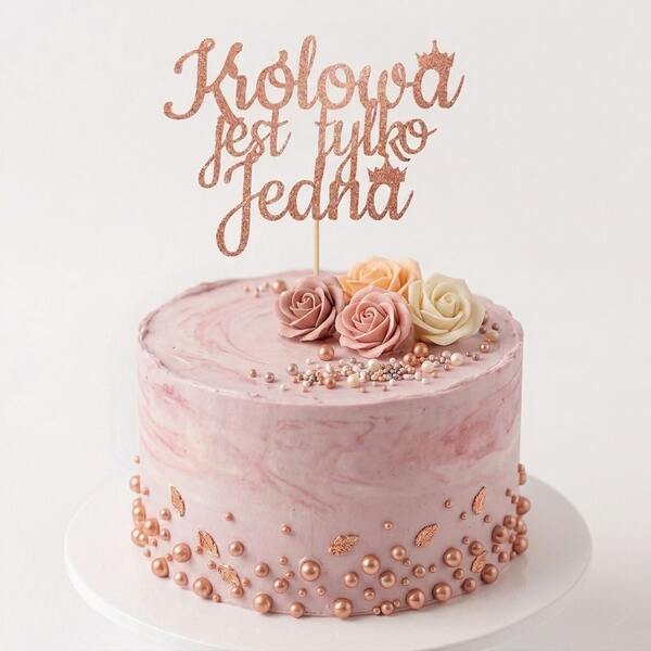 1件裝玫瑰金亮片蛋糕插牌，波蘭語「Królowa Jest Tylko Jedna」（只有一位女王）主題旗幟，女性生日週年女王派對裝飾