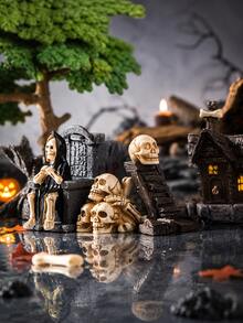 15pcs Halloween Mini Figurines Creative Miniature Skull Crow Tombstone Scene Decoration Set, Halloween Horror Village Decor, Suitable For Halloween, Horror Theme Party, Party Gift Fillers, Tabletop Decor, Home Decor - Multicolor - View 7