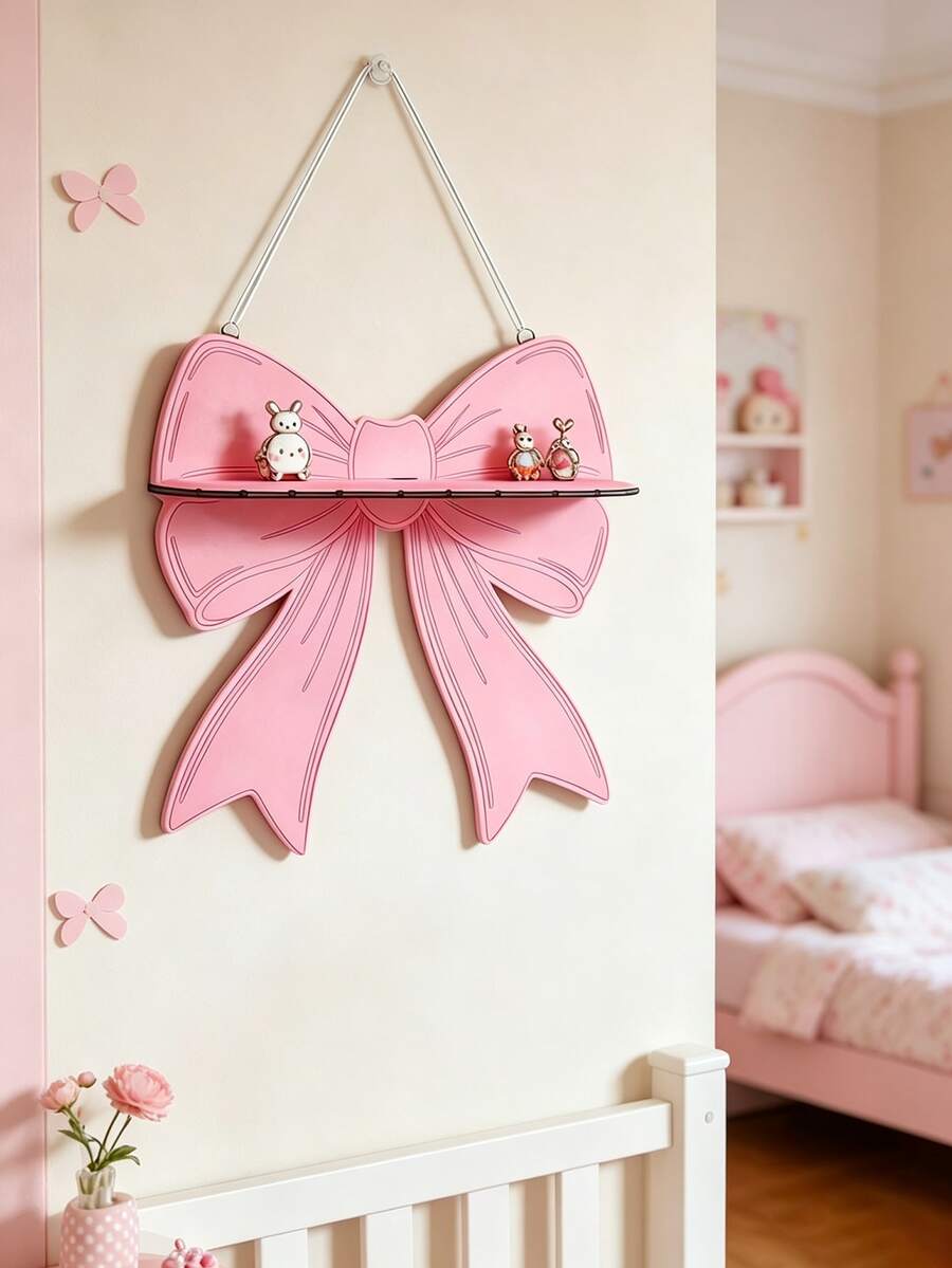 Pink Bow-Shaped Baby Room Wall Mounted Storage Shelf, Suitable For Baby Room Decor And Daily Supplies Storage, Multifunctional Practical Storage Rack, Ideal Easter Gift - Multicolor - View 1