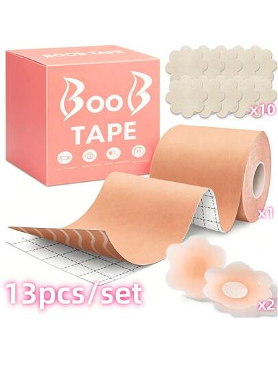 13pcs/Set Breast Lift Tape For Large Breasts, Includes 2pcs Silicone Pads, 5 Pairs Non-Woven Fabric Petal Covers, Invisible Breast Tape, Suitable For A-G Cup