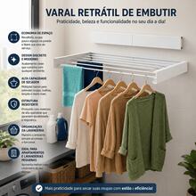 Varal de Parede Mágico Retrátil Branco 60/70/80/90/100/120cm Embutir Dobrável Grande Ajustável - Visão 2