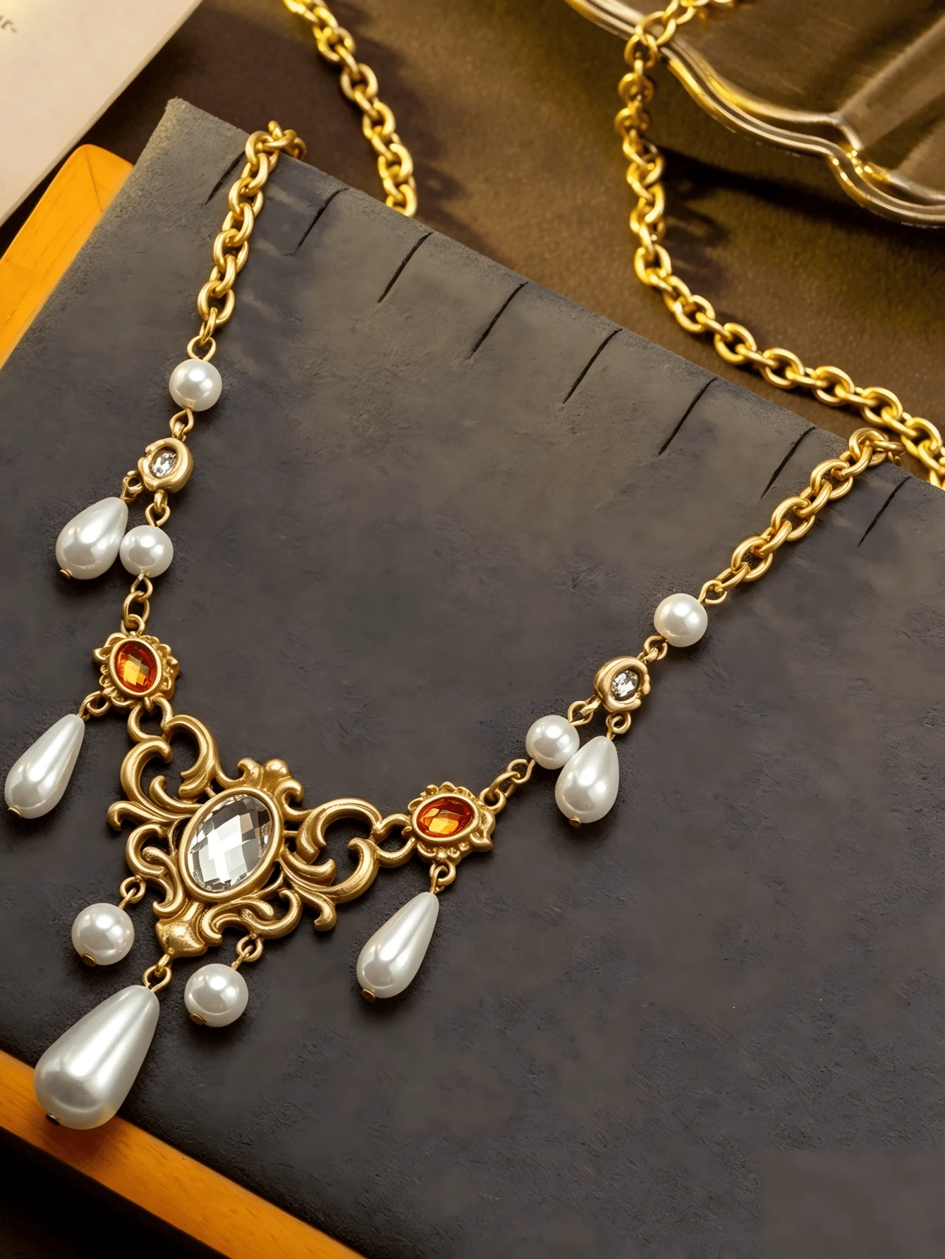 French Court Style Hollow Vine Metal Frame Orange Glass Rhinestone Tassel Necklace & Earrings Set, Banquet Accessories, Women's Gift - Necklace - View 1