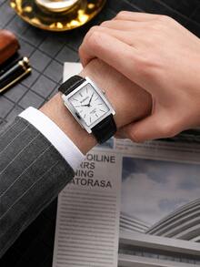 1PC Men's Black PU Leather Strap Square Dial Quartz Watch, Stainless Steel Case Business Fashion Men's Watch, Suitable For Business Occasions And Daily Wear As Birthday Gift, Christmas Gift, Men's Anniversary Gift - Black - View 6