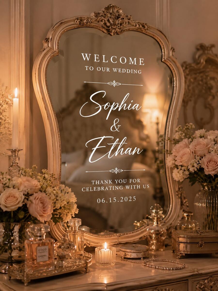 Customizable Wedding Mirror Stickers - Personalized Date And Name, Elegant White Wedding Stickers, Suitable For Bridal Shower, Birthday, Housewarming - High Quality Paper, No Power Required, Wedding Decoration, Mirror Shape Design, Suitable For Valentine's Day, Wedding Events And Party Supplies High Quality Printing