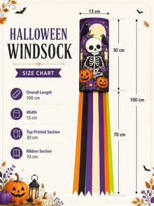 1pc Halloween Hanging Windsock, Skeleton Skull Crow Raven Pumpkin Moon Print Streamer Wind Spinner, Scary Haunted House Garden Decor Outdoor, Porch Yard Party Decoration - C - View 9