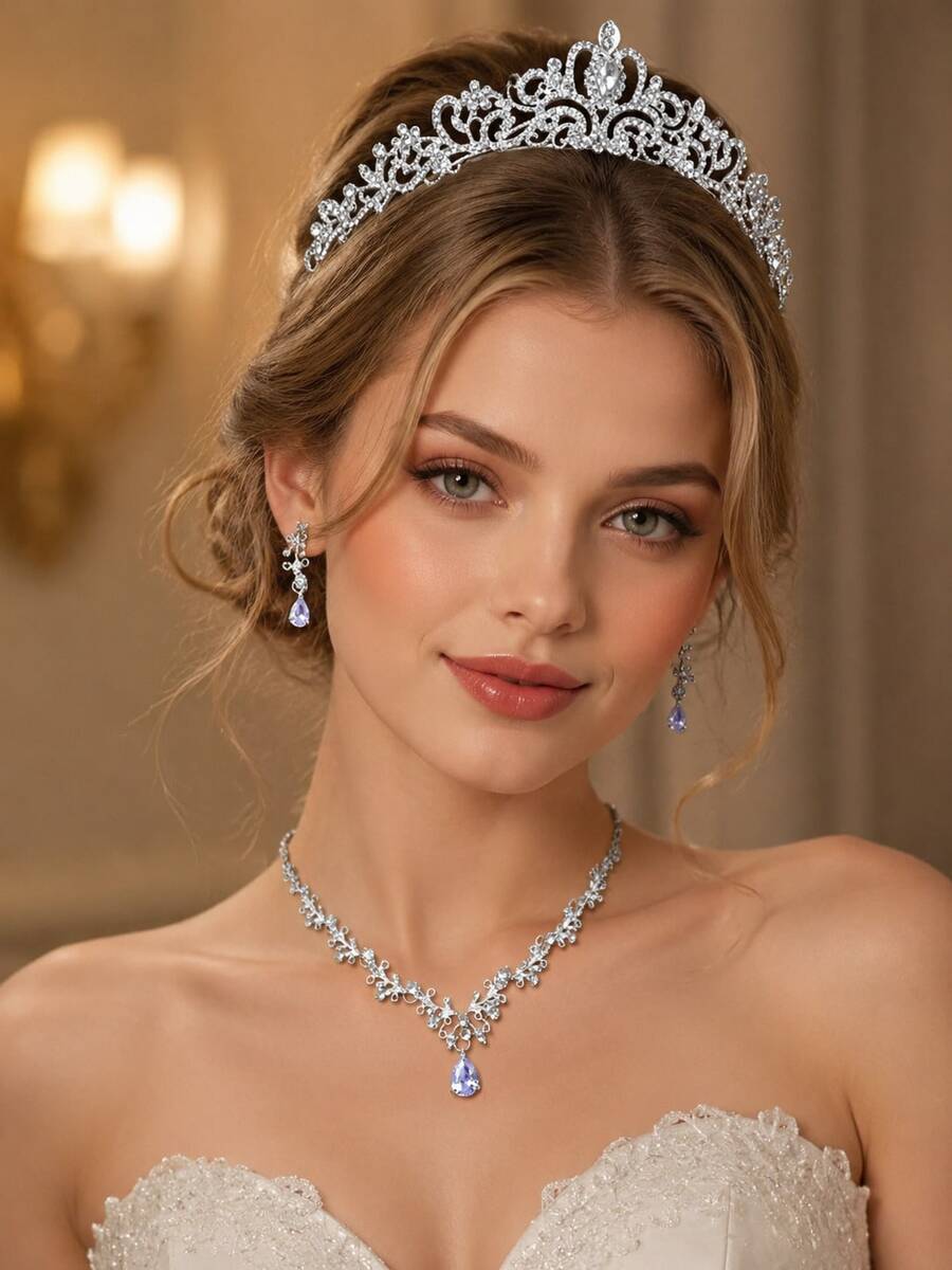 1 Set Perhiasan Pernikahan Wanita, Kalung dan Anting Mahkota Perak untuk Pengantin Wanita, Set Aksesori Pernikahan yang Indah - MultiWarna - View 1