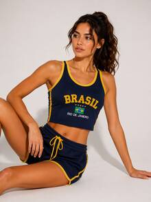 Regata Cropped Feminina Brasil Bordada Y2K Rio de Janeiro - Azul Escuro - Visão 6