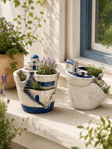 Santorini Blue Dome Cottage Micro Landscape Planter, Mediterranean Multi-Layer Stepped Simulated Town Succulent & Moss Terrarium Pot - A - View 8