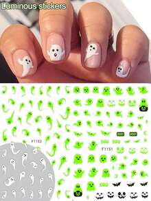 Adesivos de Unhas Fantasma que Brilham no Escuro, Decalques de Unhas Luminosos de Halloween Autoadesivos Assustadores Boo Fantasma Morcego Abóbora Caveira Suprimentos de Arte de Unhas, Decorações de Manicure Fantasma Verde Fluorescente para Festa de Halloween Design de Unhas DIY - Multicolorido - Visão 5