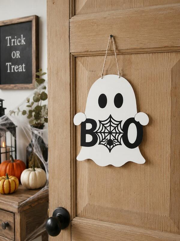 1pc Halloween Hanging Decoration Ghost BOO Door Sign Cute Spooky Style Black And White Halloween Decor Home Decoration Door Hanging Festival Entrance Decor Enhances Festive Atmosphere Suitable For Doorknobs Front Doors Entryways Walls And Home Setup