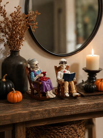 Halloween Skeleton Grandparents Rocking Chair Figurine, Grandpa Skeleton With Glasses Reading Book, Grandma Skeleton Knitting, Autumn Pumpkin, Indoor Desktop Outdoor Garden Halloween Home Party Decoration