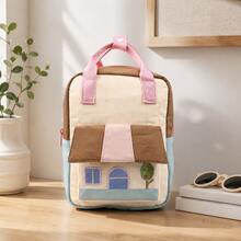 Personalized Quilted Mini Backpack With Embroidered House Design, Color Block Small Backpack, Lightweight Casual Bag With Adjustable Straps For Daily - Multicolor - View 8