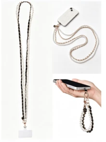 1PC/2PSCLuxury Pearl Phone Lanyard Metal Accessories Lanyard Neck Strap Portable Phone Lanyard Accessories With Card Slot Phone Strap Accessories For Mobile Phones With Phone Cases - Multicolor - View 2