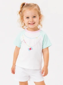 Balabala Girls' Colorblock Short Sleeve T-Shirt With Cute Cartoon Print, Summer - Pink Green - View 4