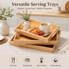 Rectangular Bamboo Serving Tray With Cutout Handles, Multi-Purpose Breakfast Food Storage Platter, Decorative Tabletop Organizer Tray For Drinks, Snacks, Table Decor, Suitable For Kitchen, Dining Table, Living Room And Coffee Table Use - Ginger - View 1